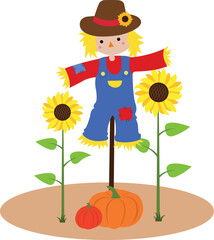 Vector scarecrow in a field of sunflowers with pumpkins