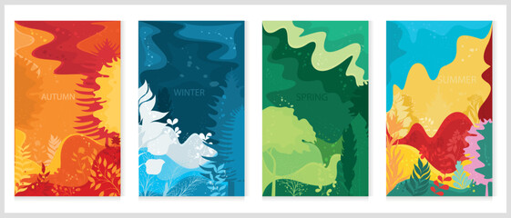 Set of vector posters with seasons and plants on different backgrounds.	