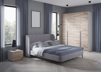 Interior of a cozy bedroom in modern design. 3D rendering.
