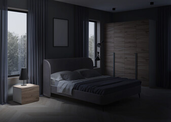 Interior of a cozy bedroom in modern design. Night. Evening lighting. 3D rendering.
