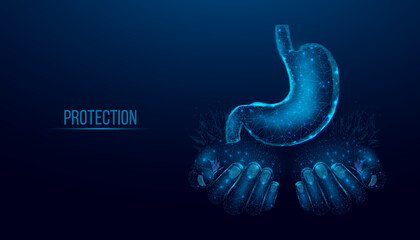 Two human hands are holds human stomach. Concept for medical, treatment of the digestive system.  Abstract modern 3d vector illustration on dark blue background. - obrazy, fototapety, plakaty