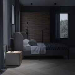 Interior of a cozy bedroom in modern design. Night. Evening lighting. 3D rendering. - 541487888