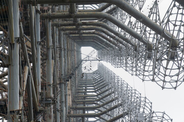 old OTH radar missile system defense geometric pattern structure viewed from below at chernobyl...