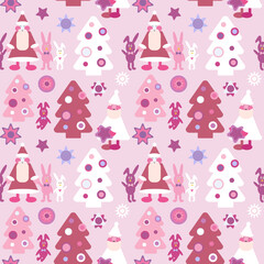 New Year seamless pattern in red colours. Christmas tree, Santa Claus, rabbit and stars.
