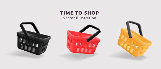 3d vector collection of red, black and yellow plastic shopping basket mockup for black friday, digital promotion, sale advertisement design. Cartoon render store cart side view icon illustration 