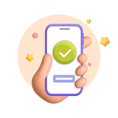 Female realistic render Hand holds smartphone with green check mark on mobile application 3d vector design illustration. Online shopping concept. Successful business plan tasks. To do list, time 