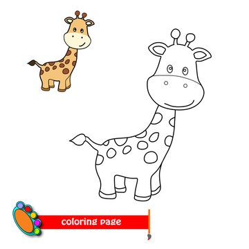 Funny cartoon giraffe,  Black and white vector illustration coloring book for kindergarten kids