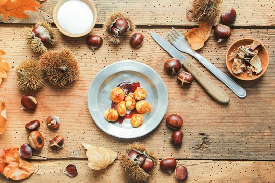 Maronen Esskastanien Kastanien Herbst Gericht Wildfrüchte