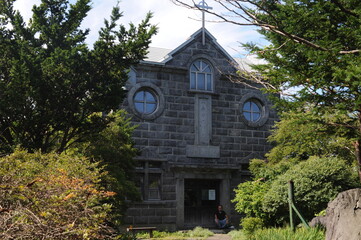 Stone church with a christian cross in Usu, Hokkaido, northern Japan, Asia