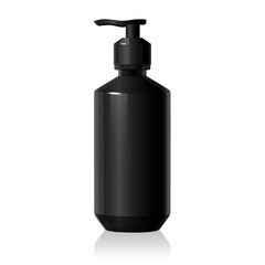 Blank matt black plastic bottle mockup with pump isolated on white background. Realistic shampoo or soap dispenser. 3d vector healthcare mockup template. Luxury cosmetic liquid soap