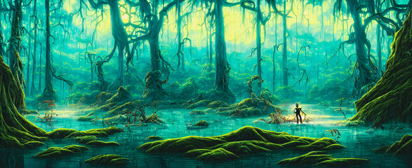 A swamp landscape, background illustration. - obrazy, fototapety, plakaty