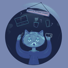 Vector advertising illustration devoted to the black friday day. Vector cat holding discount cards and thinking what things to buy. The kitten that is choosing among the laptop, flower and phone.