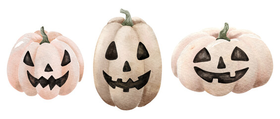 Watercolor halloween set of pumpkins, isolated on transparent background