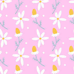Fototapeta na wymiar White pink daisy flower seamless vector pattern. Floral pattern with small white flowers on pink background. Repeating texture for all prints. Chamomile print. Trendy floral pattern