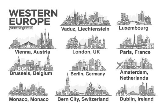 All capitals of Western Europe. Cities in a linear style with famous views and landmarks. Editable stroke. Skyline city line illustrations.