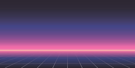 3d abstract 1980's retrowave, cyberpunk background with copy space, vector neon perspective grid - obrazy, fototapety, plakaty