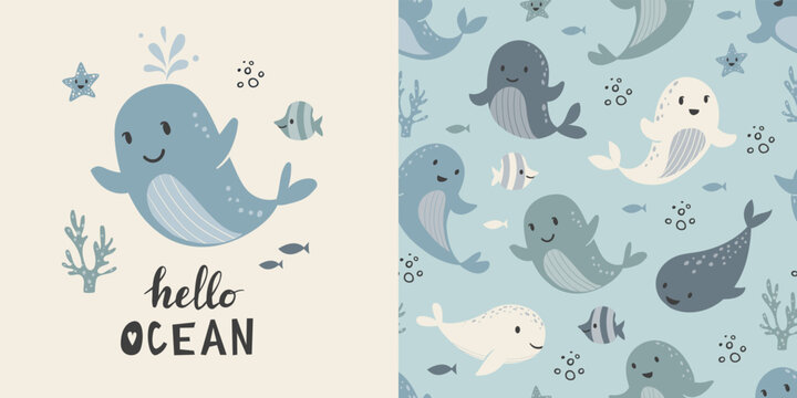 Сhildish pattern with whale, kids print. Seamless background with sea animals, cute vector texture for baby bedding, fabric, wallpaper, wrapping paper, textile, t-shirt print