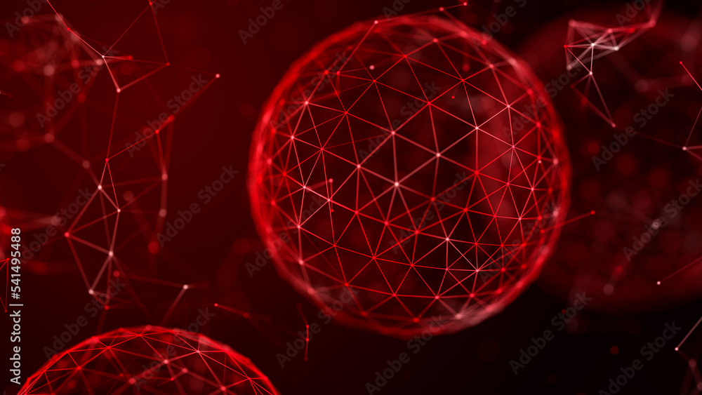 Poster Abstract spheres with connected dots and lines. Illustration with elements of viruses, bacteria on a dark background. 3d