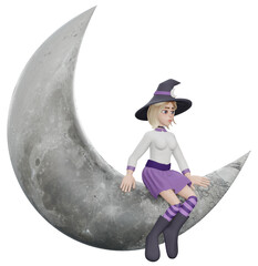 cartoon witch sitting on the moon , 3d rendering