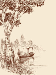 Fototapeta premium Empty boat tied on shore on the lake, relaxation in nature sketch