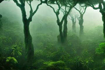 Exotic foggy forest filled with lots of green trees