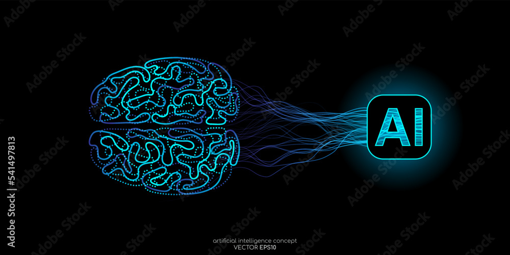 Aufkleber Vector illustration left right human brain blue light and neural network wavy line isolated on black background in concept of A.I. artificial intelligence technology, machine learning, neuroscience