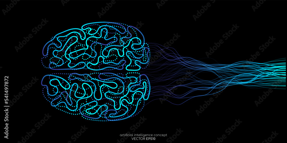 Poster Vector illustration left right human brain blue light and neural network wavy line isolated on black background in concept of A.I. artificial intelligence technology, machine learning, neuroscience