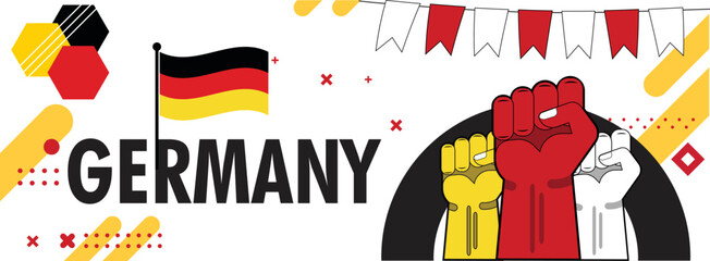 Germany National day or Deutschland banner with retro abstract geometric shapes, German flag, and patriot. Red yellow black color scheme. German Unity Day. Vector Illustration.