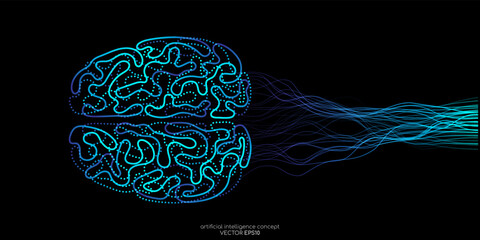 Vector illustration left right human brain blue light and neural network wavy line isolated on black background in concept of A.I. artificial intelligence technology, machine learning, neuroscience - obrazy, fototapety, plakaty