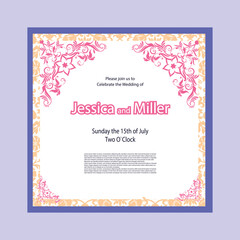 Beautifull wedding invitation card design with hand Drawn floral on shades of magenta background