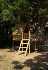 Closeup of wooden house in outdoor garden
