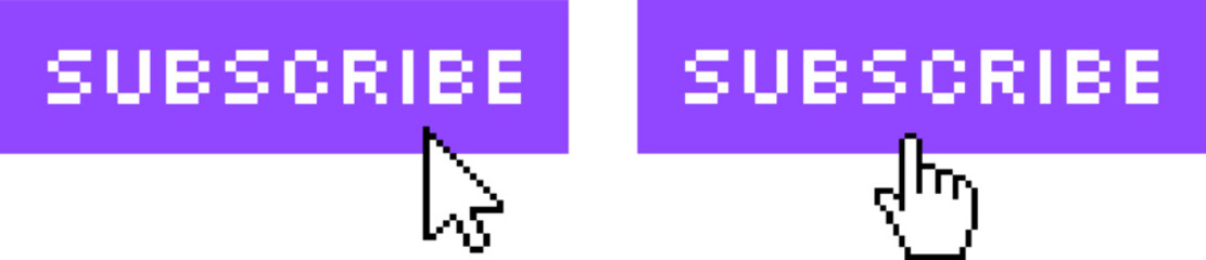 Fototapeta premium Pixel Art Subscribe Purple Buttons & Cursor Icons Vector Set for Game Streamers