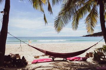 Summer vacation concept at the beach with coconuts, cradles and sea.