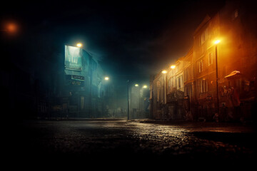 a quiet street at night in the middle of the city. empty street. 3d illustration - obrazy, fototapety, plakaty