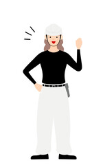 大工の女性のポーズ、元気よくガッツポーズ