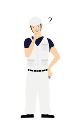 大工の男性のポーズ、疑問を持つ