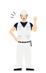 大工の男性のポーズ、元気よくガッツポーズ