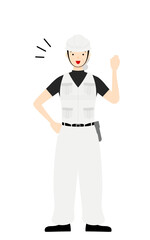 大工のシニア女性のポーズ、元気よくガッツポーズ