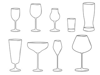 Collection of various stemwares. Line wine glasses. Vector illustration isolated on white background