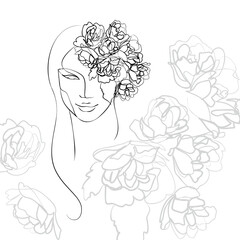 One line hand drawn vector art with beautiful woman face and flowers in elegant curve. Black isolated on white background. Modern simplistic design for fashion, wall art, print, tattoo, cover, card.
