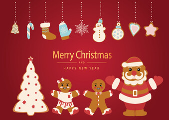 A Merry Christmas card. Gingerbread cookies in the form of a snowman, Santa, a Christmas tree and gingerbread men and various Christmas tree toys. Celebrating New Year and Christmas.