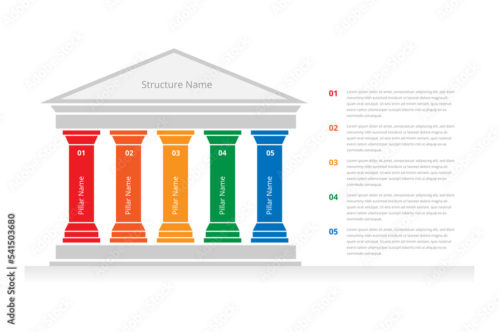 Poster infographic element in the form of a greek temple with columns.