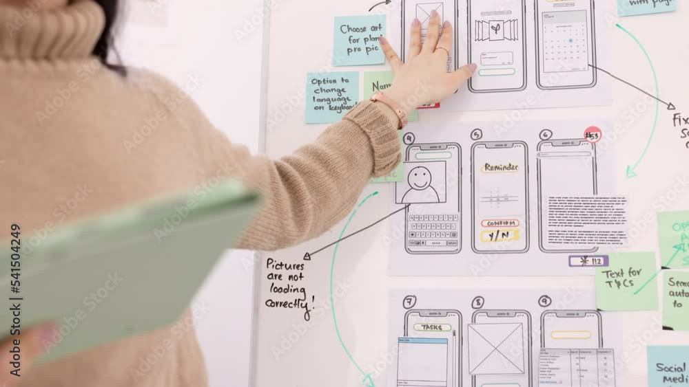 Poster Ux, presentation and design with woman and planning in meeting for idea, developer or technology. Software engineering, creative and phone ui with employee in office for it strategy, chart or website