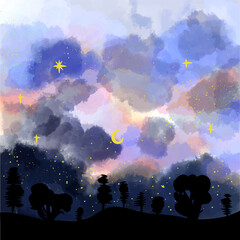 Watercolor landscape, starry sky in the forest, hand drawn