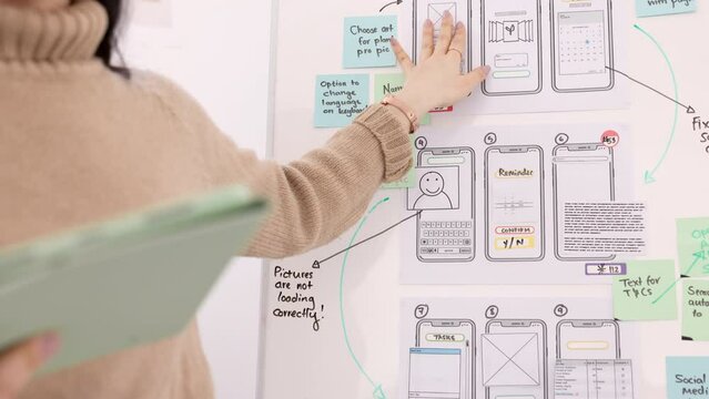 Ux, presentation and design with woman and planning in meeting for idea, developer or technology. Software engineering, creative and phone ui with employee in office for it strategy, chart or website