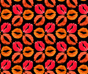 Holiday seamless pattern with lips on black background.