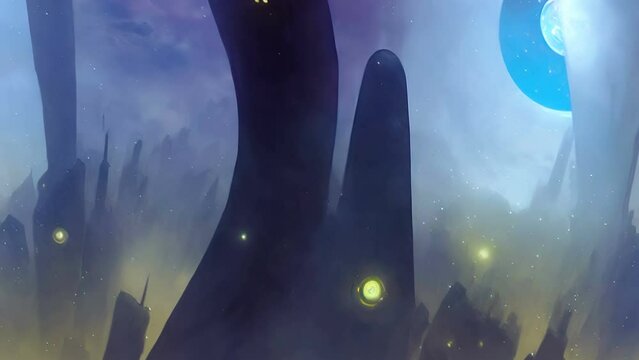 Animation of an oil painting of synthwave futuristic cityscape in retro sci fi drawings. Digital image painted of planet in surreal style.