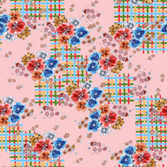  Bouquet of garden flowers painting in watercolor on pink background. Floral seamless pattern for decorations textiles and papers.    