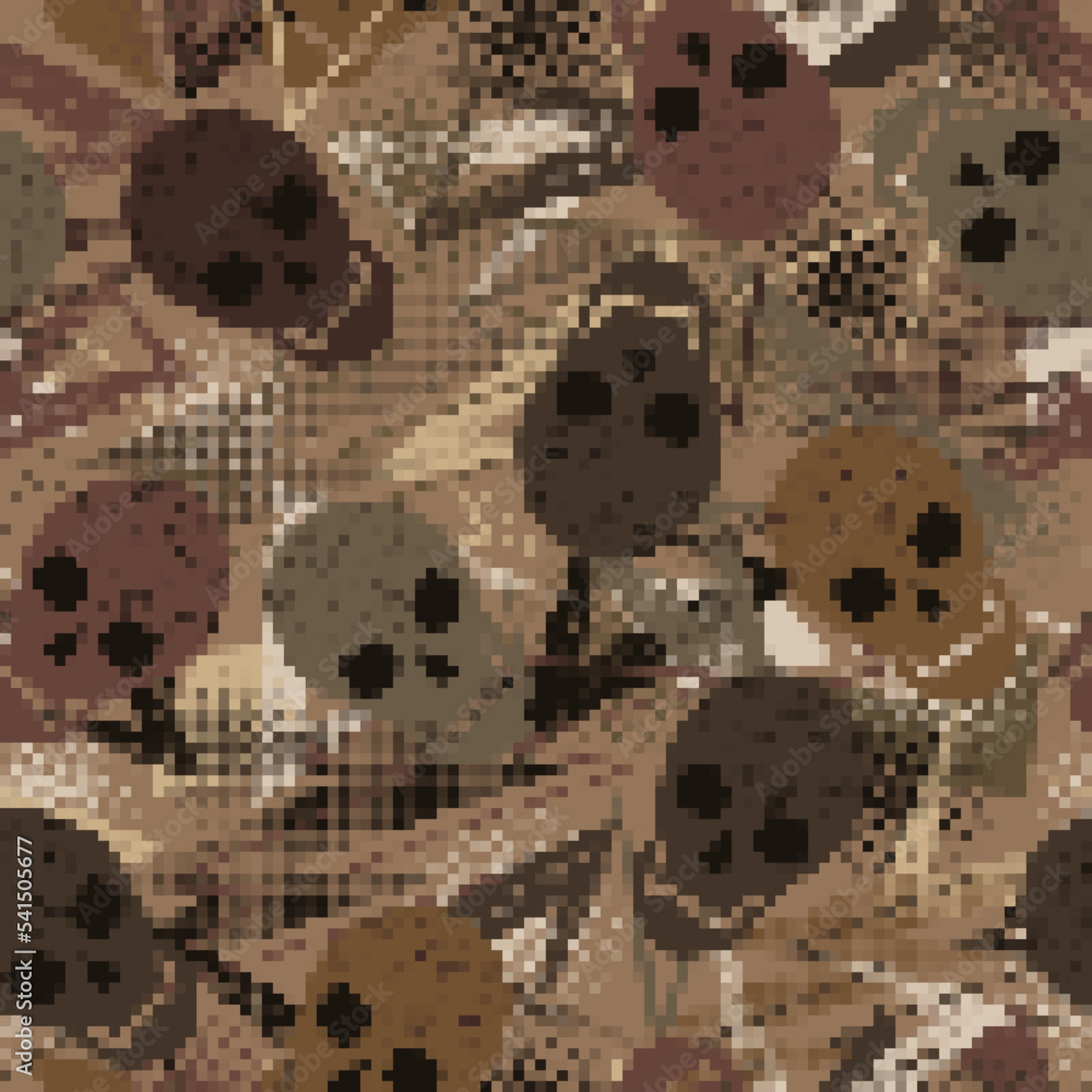 Poster seamless abstract camouflage pattern with skulls. pixel retro effect. army or hunting brown masking 