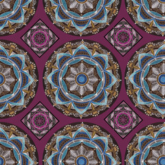 Seamless pattern with mosaic mandalas on violet background.